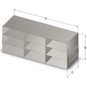 9-Box Capacity (3 Long 3 High) Upright Rack. Constructed of corrosion resistant stainless steel, including handles. Rack for standard 2-inch high cardboard, aluminum, stainless steel or plastic boxes.