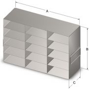 Custom BioGenic Systems Upright Freezer Rack, 15-Box Capacity (3 Long 5 High) for Standard 2" High Boxes, Stainless Steel, With Handles.