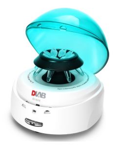 DLAB D1008 Mini Centrifuge with blue lid. Includes: A8-2 rotor (8 x 1.5/2.0mL), A04-PCR8 rotor (4 x PCR strips), 0.2mL (SA02P2) adapters and 0.5mL (SA05P2) adapters. Max. speed: 2,680 x g (7,000 rpm).