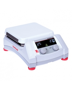 OHAUS Guardian 5000 Hotplate Stirrer, 7"x7" Ceramic Top Plate; Speed Range: 60-1600 rpm; Temperature Range: Ambient +5°C – 500°C; Digital Control; Backlit LCD Display; Dimensions: 4.8 x 12.2 x 8.8 in (12.2 x 30.9 x 22.3 cm); 120V. Temperature probe not in