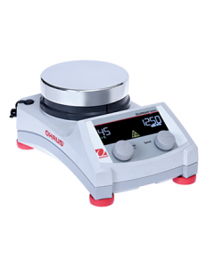 OHAUS Guardian 5000 Hotplate Stirrer, 5.3" Diameter Round Aluminum Top Plate; Speed Range: 60-1600 rpm; Temperature Range: Ambient +5°C – 380°C; Digital Control; Backlit LCD Display; Dimensions: 5.0 x 10.5 x 6.8 in (12.6 x 26.7 x 17.3 cm); 120V. Temperatu